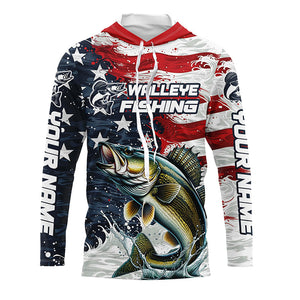 Personalized American Flag Walleye Long Sleeve Fishing Shirts, Patriotic Walleye Fishing Jerseys IPHW6010