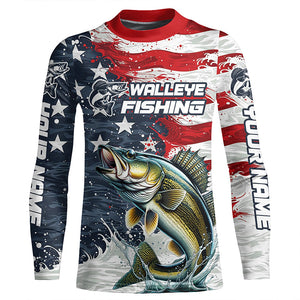 Personalized American Flag Walleye Long Sleeve Fishing Shirts, Patriotic Walleye Fishing Jerseys IPHW6010