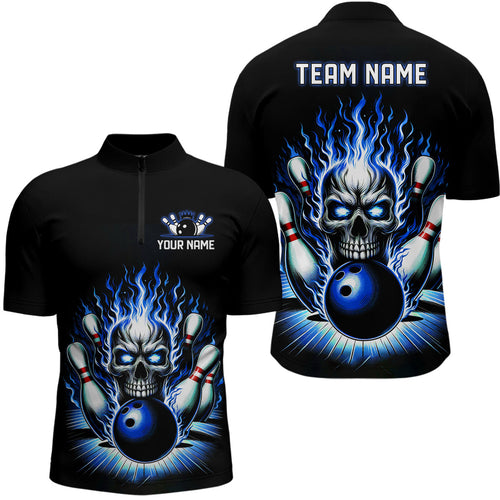 Personalized Unisex Skull Bowling Shirt Custom Team'S Name Flame Bowler Jerseys | Blue IPHW6012