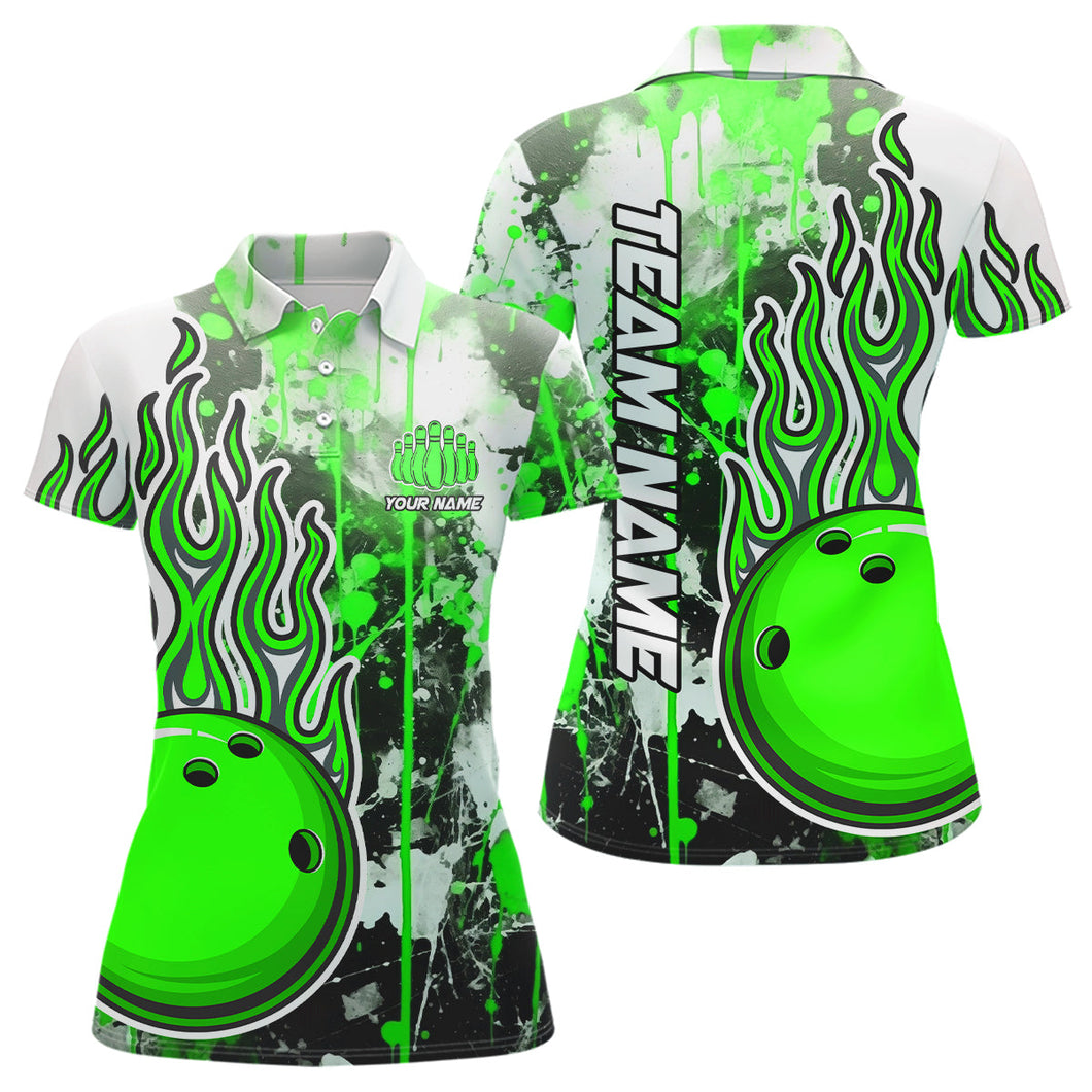 Green Camo Flame Bowling Polo Shirts For Women Custom Bowling Team Jerseys Bowling League IPHW5420