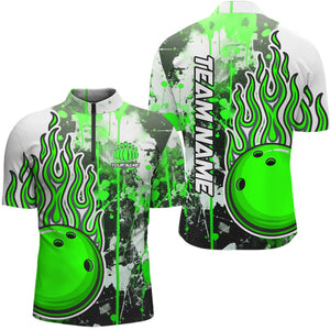 Green Camo Flame Bowling Quarter Zip Shirts For Men Custom Bowling Team Jerseys Bowling League IPHW5420