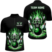 Load image into Gallery viewer, Personalized Skull Bowling Shirt For Men Custom Team&#39;S Name Flame Bowler Jerseys | Green IPHW5820