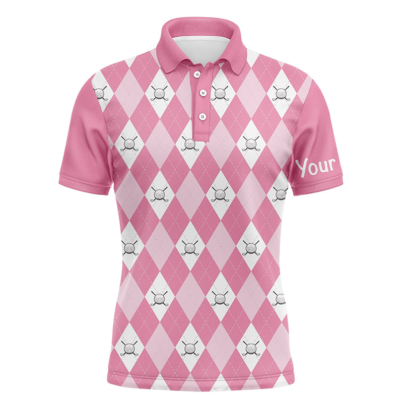 Pink argyle plaid pattern Mens golf polos shirts custom golf shirts for men, personalized golf gifts NQS5156