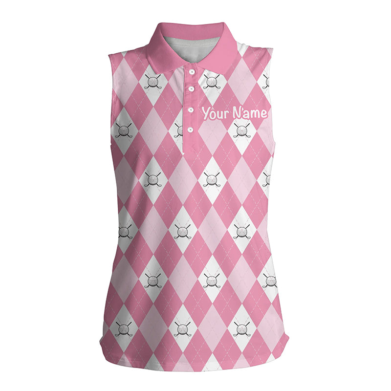 Pink argyle plaid pattern Womens sleeveless polo shirt  custom golf shirts for women, ladies golf polo NQS5156