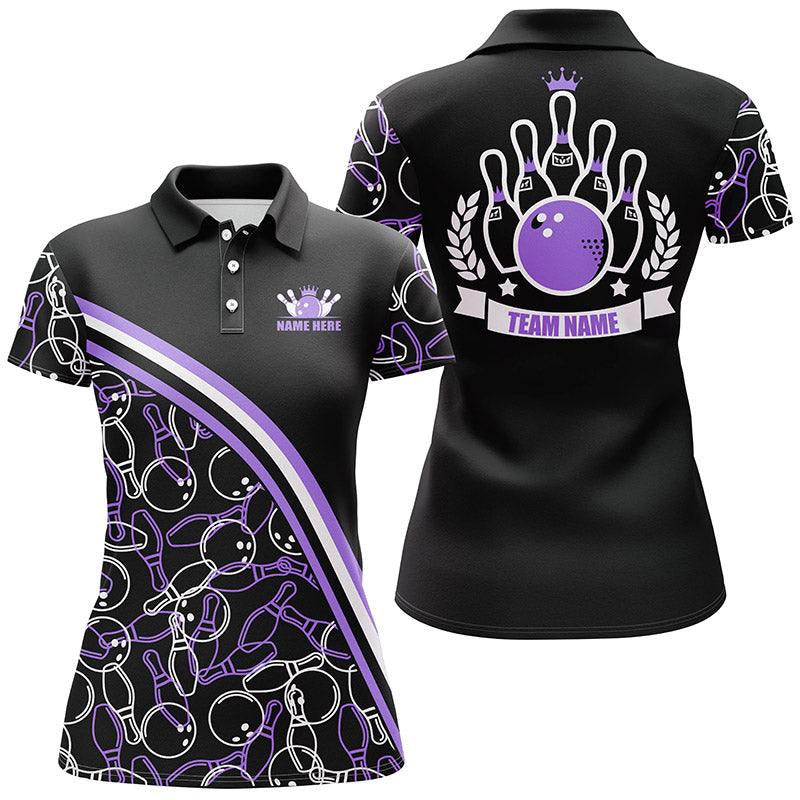 Personalized bowling polo shirts for women Custom black purple bowling pattern, bowling team shirts NQS6531