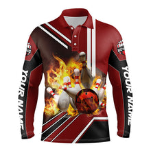 Load image into Gallery viewer, Personalized Men Bowling Polo Shirt Flame Bowling Ball and Pins, bowling polo for men bowlers | Red NQS4504