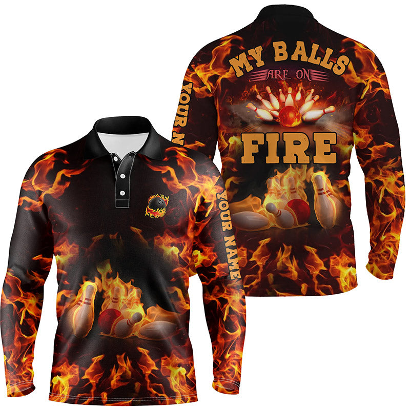 Flame bowling shirt custom name my balls are on fire bowling polo shirts for men, bowling jersey NQS4865
