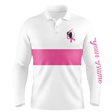 Load image into Gallery viewer, White and pink Breast Cancer Awareness custom Mens golf polo shirts, pink ribbon golf shirts NQS6321