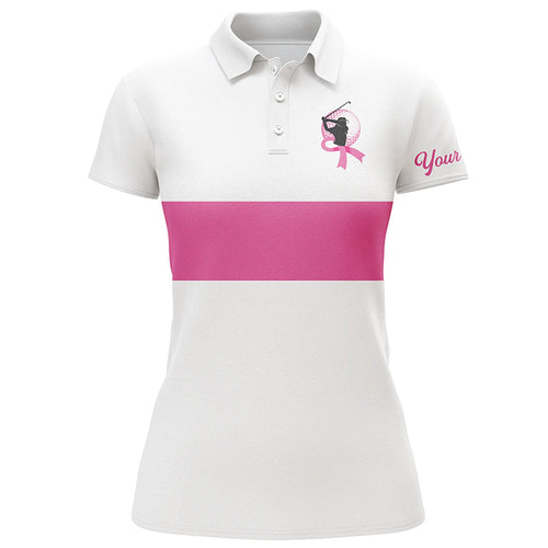 White and pink Breast Cancer Awareness custom Women golf polo shirt, pink ribbon golf shirts NQS6321