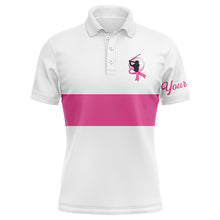 Load image into Gallery viewer, White and pink Breast Cancer Awareness custom Mens golf polo shirts, pink ribbon golf shirts NQS6321