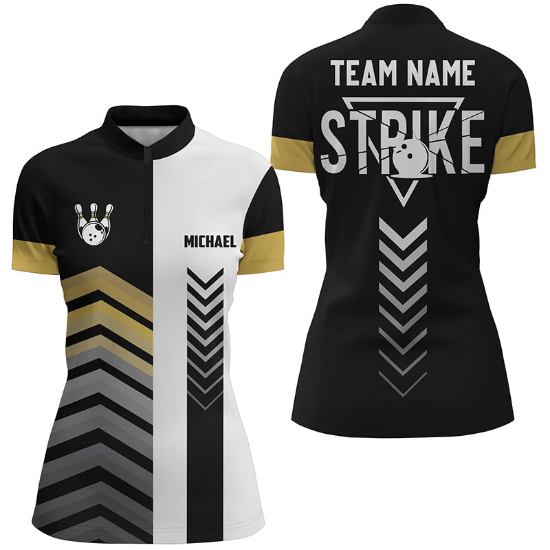 Black and white Womens Quarter Zip shirt Custom retro bowling ball pins team league jerseys | Yellow NQS6328
