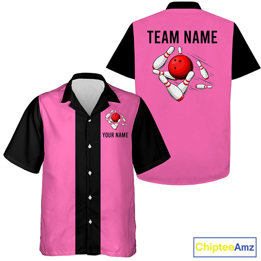 Personalized Pink Black Retro Bowling hawaiian shirts Custom vintage Team button up shirts NQS6568