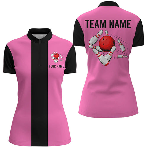 Personalized Pink Black Retro Bowling Quarter Zip shirt For women custom vintage bowling team jerseys NQS6568