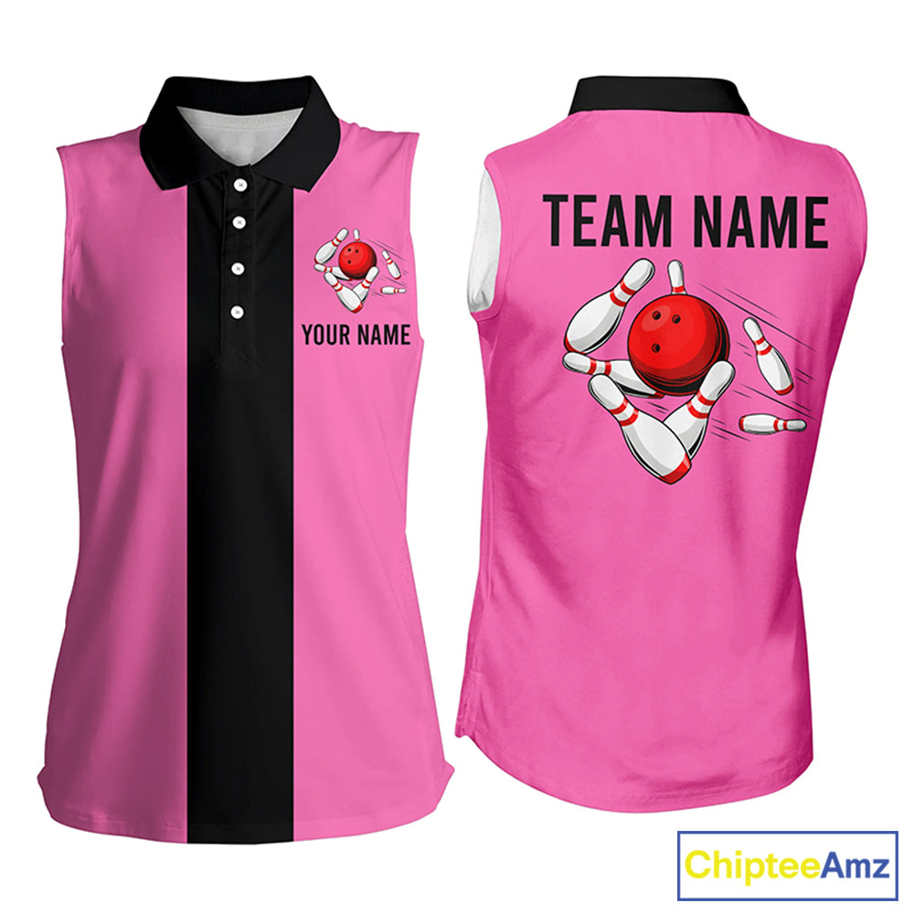 Personalized Pink Black Retro Bowling sleeveless polo shirt For women, vintage bowling team jerseys NQS6568