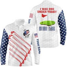 Load image into Gallery viewer, American flag golf clubs custom mens golf polo shirt I was one under today one under a tree bush water NQS6827