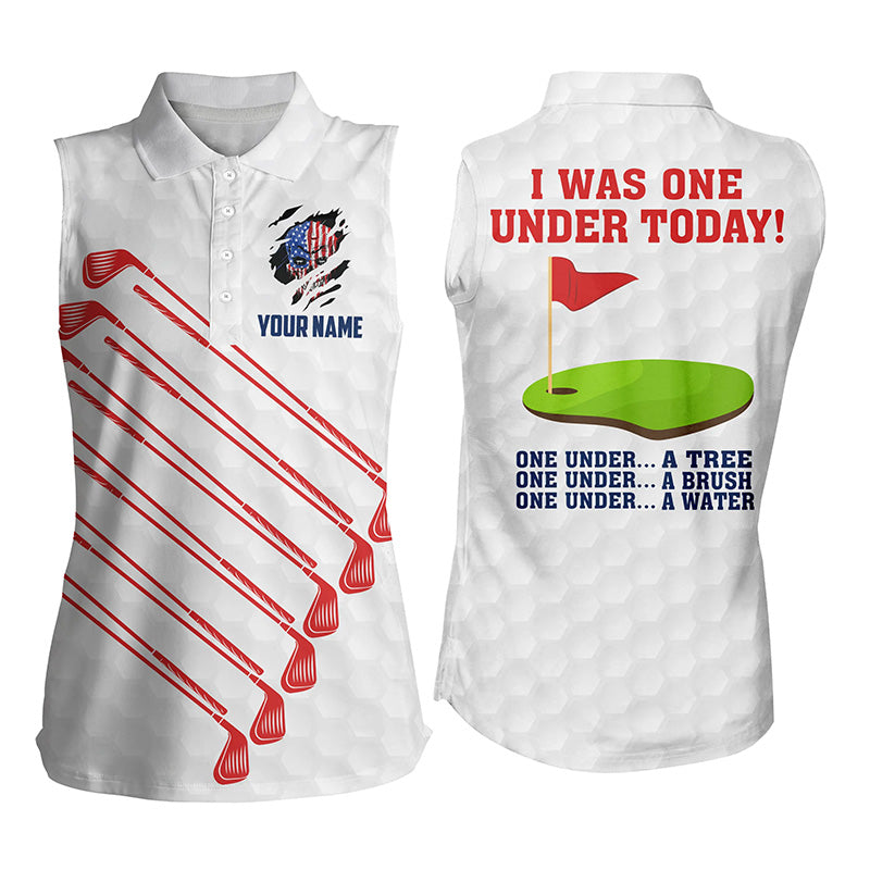 American flag golf clubs custom Womens sleeveless polo shirt I was one under today tree bush water NQS6827