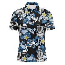 Load image into Gallery viewer, Disc golf hole basket blue leaf flower pattern golf shirt custom name disc golf polo shirts for men NQS4717