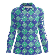 Load image into Gallery viewer, Green Blue argyle plaid pattern golf clubs custom Women golf polo shirt, ladies golf tops NQS6849