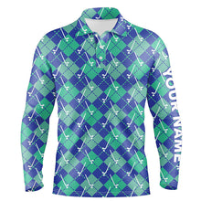 Load image into Gallery viewer, Green Blue argyle plaid pattern golf clubs custom Mens golf polo shirt, golf tops for men golfing gift NQS6849