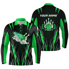 Load image into Gallery viewer, Bowling polo shirts for men custom name Flame Bowling Ball and Pins bowling jerseys | Green NQS4541