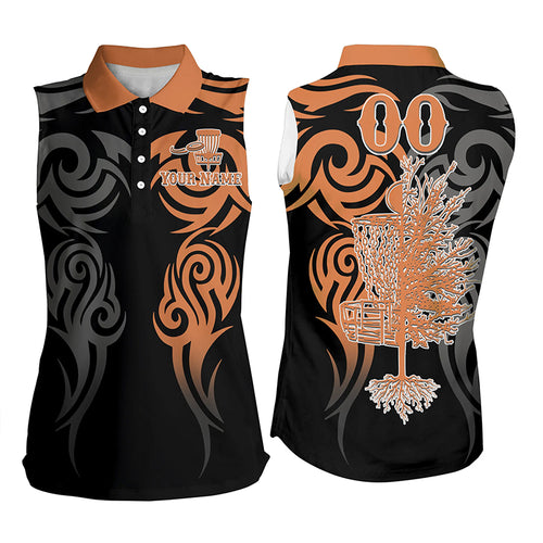 Custom name and number black orange Disc Golf basket tattoo Women sleeveless polo shirt NQS5231