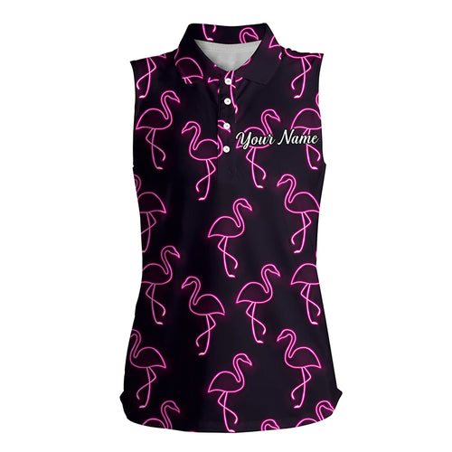 Black Womens Sleeveless polo shirt neon pink flamingos pattern custom name team golf polo shirts NQS4951