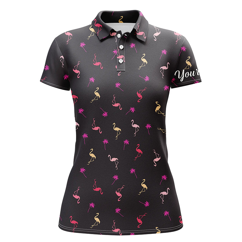 Black Womens golf polo shirt neon pink flamingos palm pattern custom team flamingo golf polo shirts NQS4952