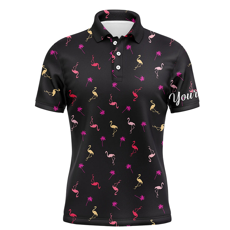 Black Mens golf polo shirt neon pink flamingos palm pattern custom team flamingo golf polo shirts NQS4952