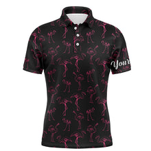 Load image into Gallery viewer, Black Mens golf polo shirt neon pink flamingos pattern custom team flamingo golf shirts NQS4953