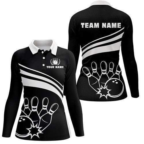 Personalized polo bowling shirts for women, custom black white womens bowling shirts team bowl jersey NQS6875