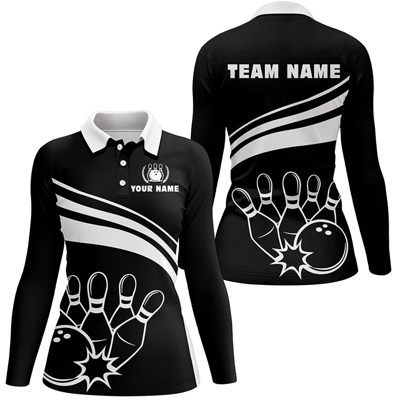 Personalized polo bowling shirts for women, custom black white womens bowling shirts team bowl jersey NQS6875