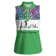 Load image into Gallery viewer, Women's sleeveless golf polo shirt custom rainbow gradient leopard golf heartbeat, golfing gifts NQS4961