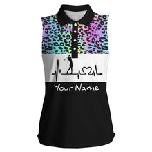 Load image into Gallery viewer, Women's sleeveless golf polo shirt custom rainbow gradient leopard golf heartbeat, golfing gifts NQS4961