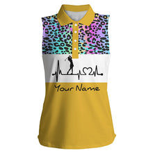 Load image into Gallery viewer, Women's sleeveless golf polo shirt custom rainbow gradient leopard golf heartbeat, golfing gifts NQS4961