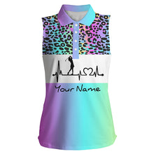 Load image into Gallery viewer, Women's sleeveless golf polo shirt custom rainbow gradient leopard golf heartbeat, golfing gifts NQS4961