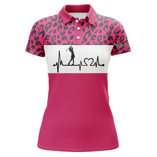 Load image into Gallery viewer, Womens golf polo shirt custom name pink leopard pattern golf heartbeat, golfing gifts for women NQS4962