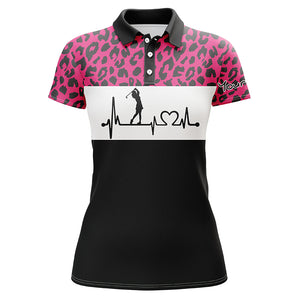 Womens golf polo shirt custom name pink leopard pattern golf heartbeat, golfing gifts for women NQS4962