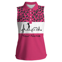 Load image into Gallery viewer, Women&#39;s sleeveless golf polo shirt custom pink leopard pattern golf heartbeat, golfing gifts for women NQS4962