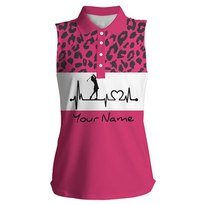 Women's sleeveless golf polo shirt custom pink leopard pattern golf heartbeat, golfing gifts for women NQS4962