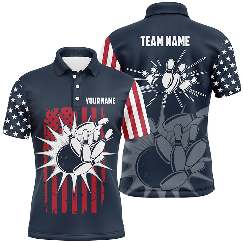 Custom Blue Bowling polo Shirt For men retro USA Flag Bowling Jersey, Bowling Team Shirt NQS6437