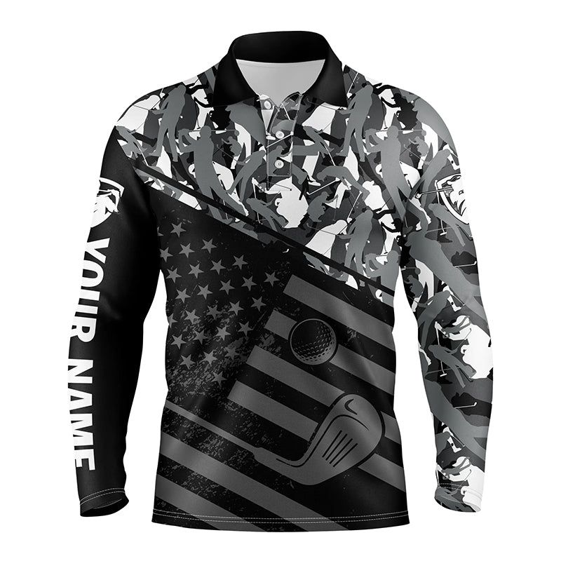 Mens golf polo shirt black American flag patriotic gray camo polo custom name golfing gifts NQS4756