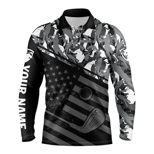 Mens golf polo shirt black American flag patriotic gray camo polo custom name golfing gifts NQS4756