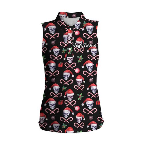 Womens sleeveless polo shirt funny black Christmas skull pattern custom team golf polo shirts NQS4408