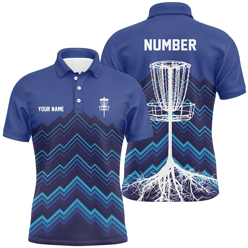 Mens Disc golf polo shirts custom blue pattern Disc Golf Basket Tree jerseys, disc golf shirt NQS6684