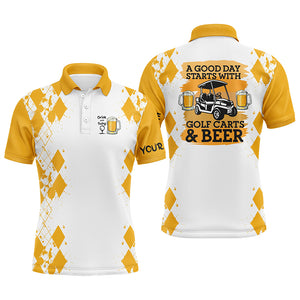 Mens golf polo shirt Custom name A good day starts with golf carts and beer, funny golf beer shirts NQS5324