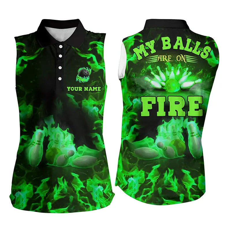 Green Flame bowling custom my balls are on fire bowling Sleeveless polo shirts, bowling jersey NQS6458