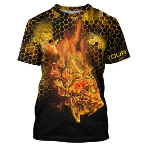 Flaming Fire fish skeleton fishing Custom UV sun protection Long sleeve Fishing Shirts, Fishing Gift NQS4602