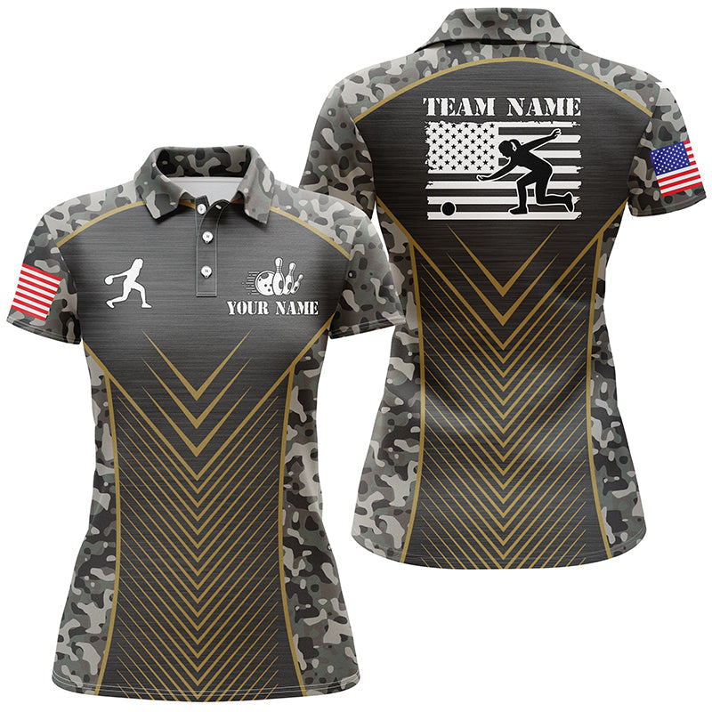 Womens Bowling Polo Shirts Custom camo American flag team League Womens Jerseys NQS6702