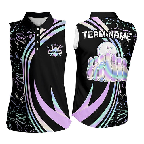 Black Women Bowling sleeveless Polos shirt Custom neon camo team league jerseys, gifts for bowlers NQS7210