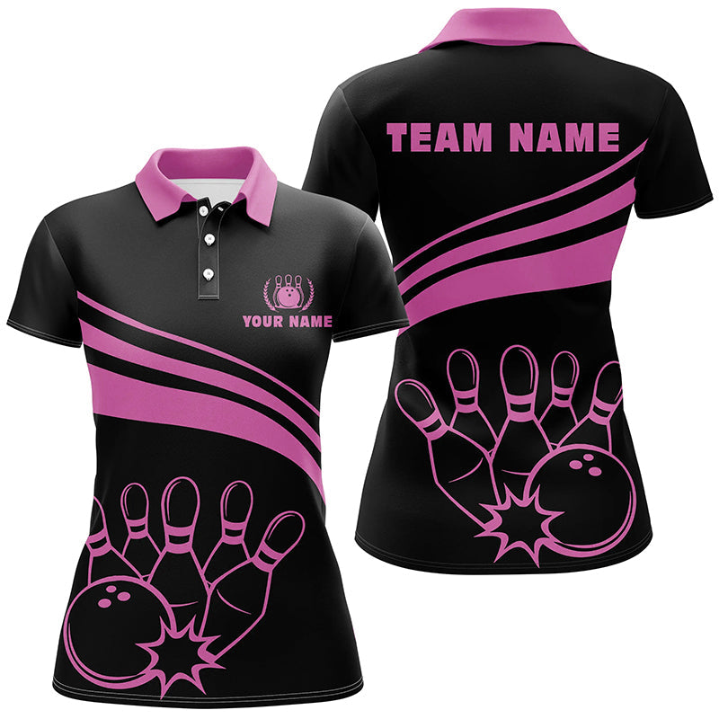 Personalized polo bowling shirts for women, custom black womens bowling shirts team bowl jersey | Pink NQS6923